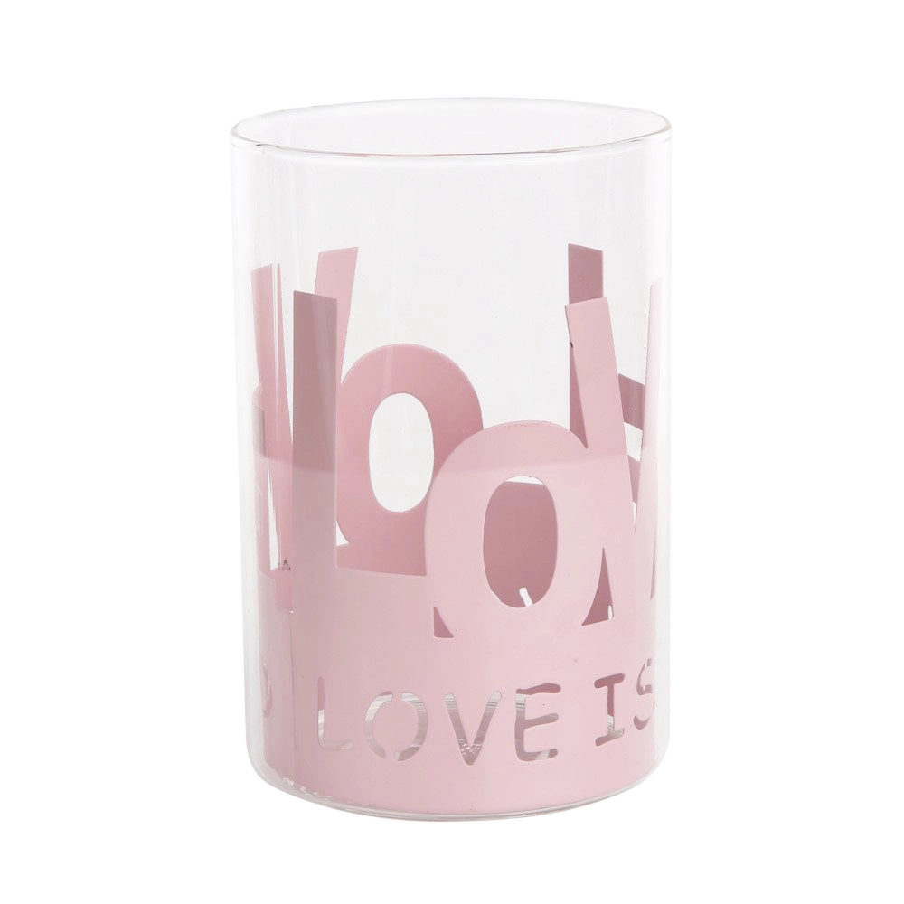 Skleněný svícen Love v růžové kovové oslonce