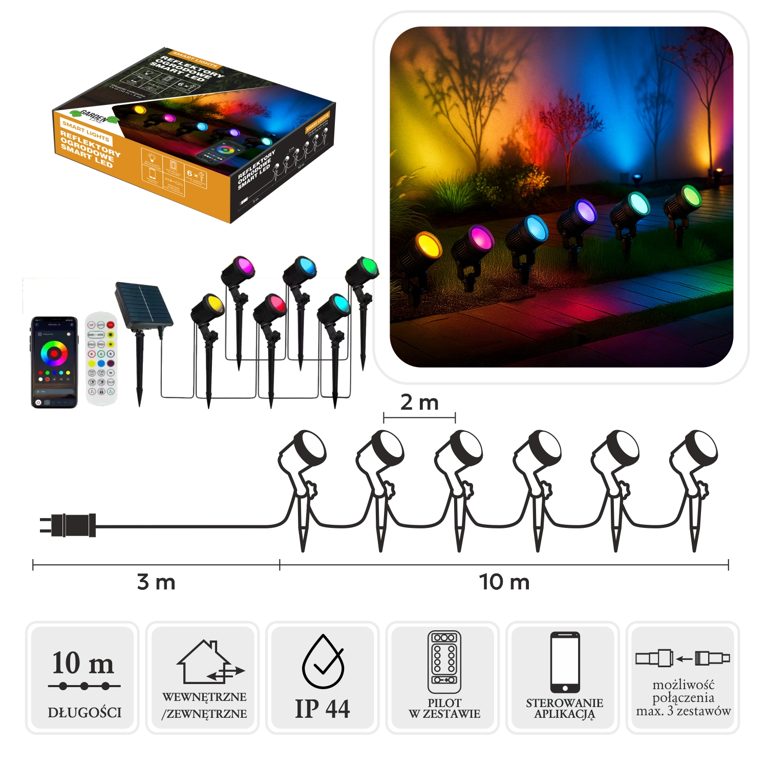 Levně Chytré zahradní reflektory LED RGB, 6 světel, multicolor, 13 m, IP44