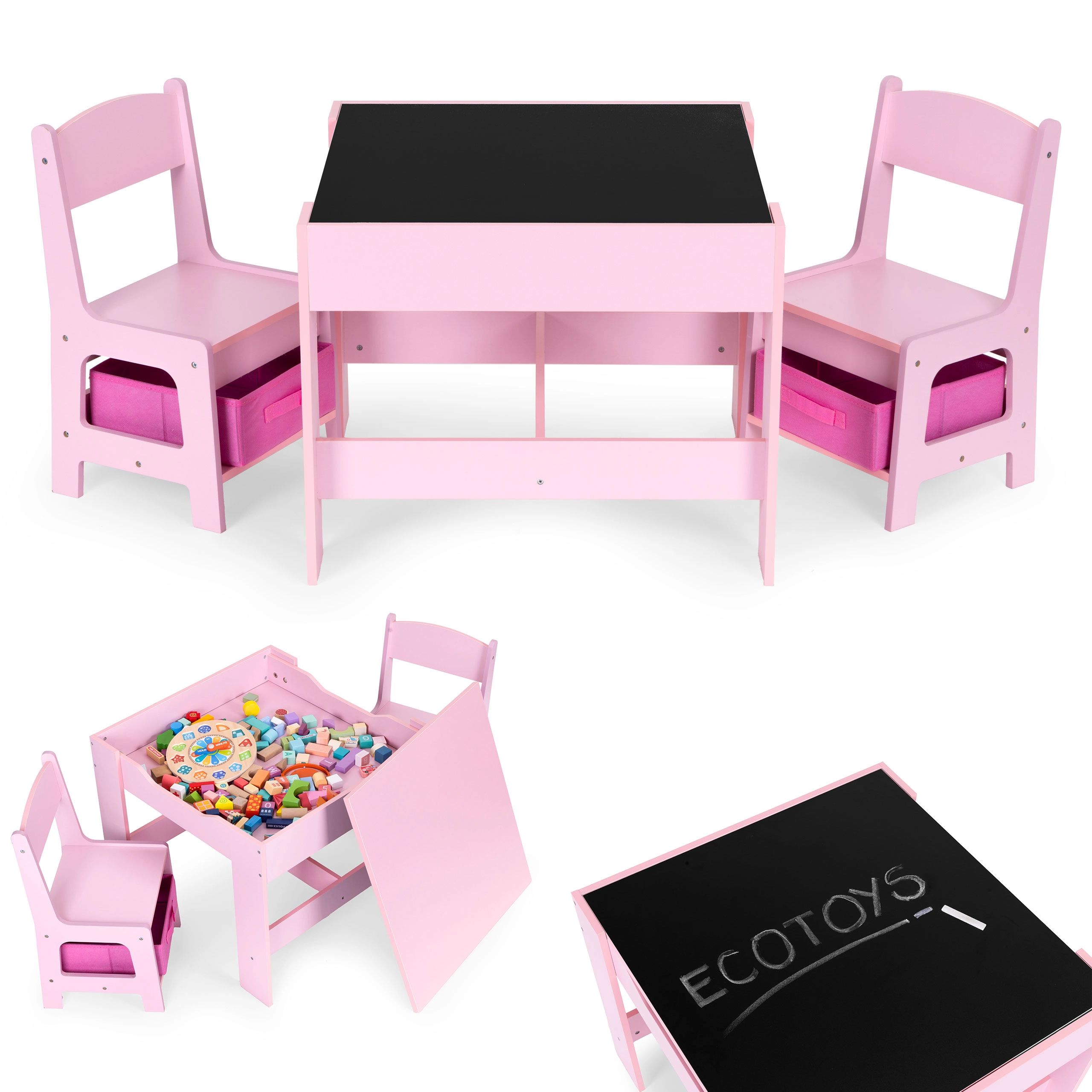 Levně EcoToys sada nábytku stůl + 2 židle s úložnými boxy a křídovou tabulí růžová