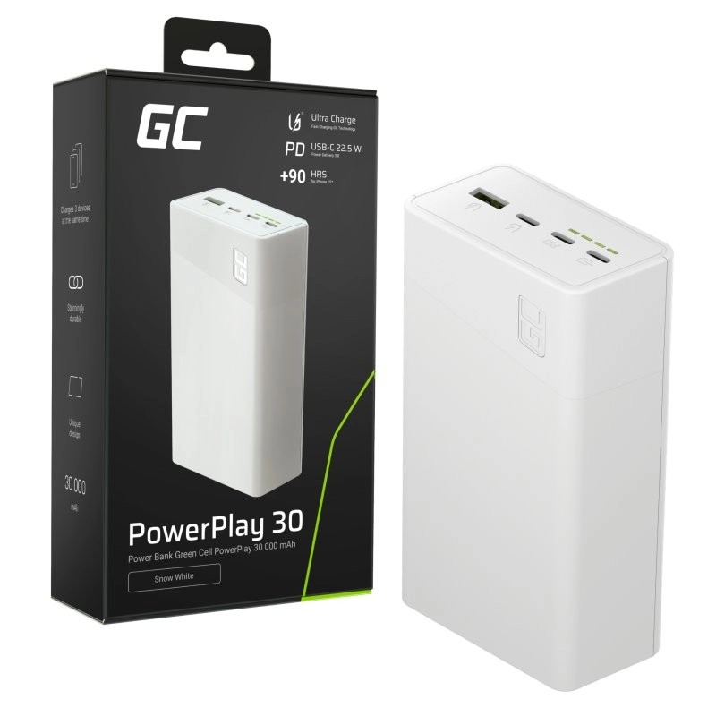 Powerbanka 30000 mAh, 22,5 W, 4 porty, bílá