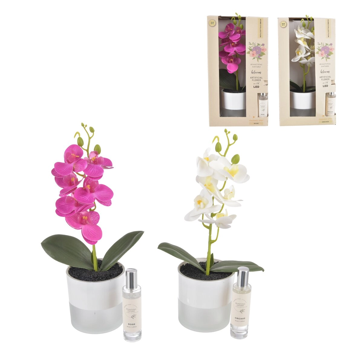 Levně Dekorativní orchidej v květináči s LED osvětlením a vonným sprejem 30 ml