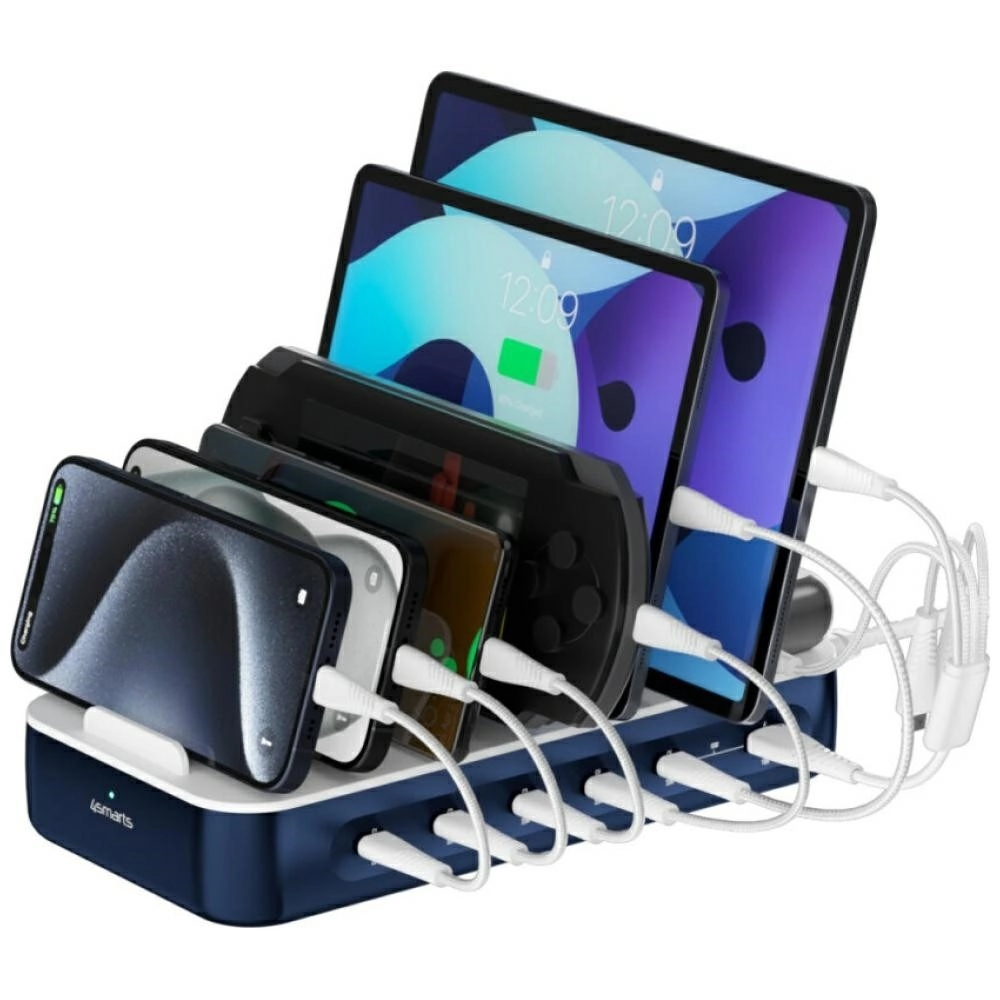 Levně Nabíjecí stanice 4smarts Team 100W s kabely, 5× USB‑C + 1× USB‑A, pro až 9 zařízení, modrá