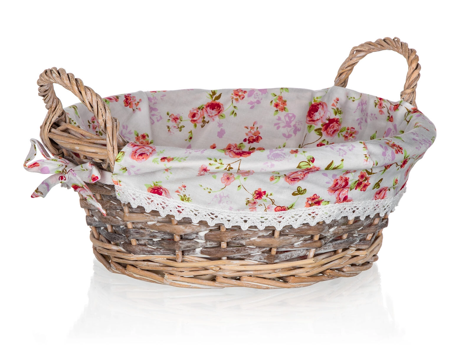 Levně Proutěný kulatý košík s látkou ROSES 30 × 12 cm s uchy