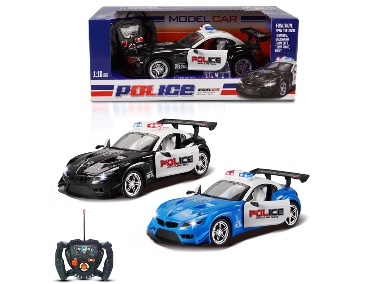 Levně Policejní RC auto se světly a otevíracími dveřmi 1:16