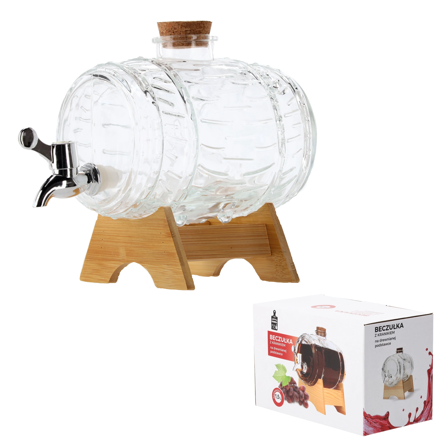 Levně Skleněný nápojový dispenser ve tvaru soudku 1,5 l s dřevěným stojanem a kohoutkem