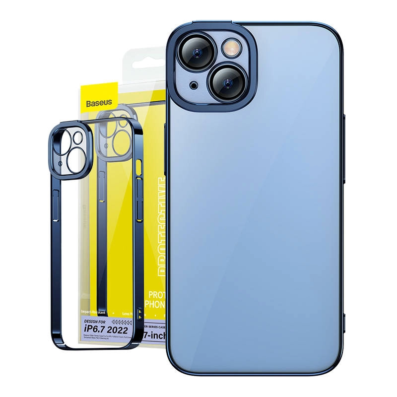 Levně Baseus Sada průhledného pouzdra Glitter a tvrzeného skla iPhone 14 Plus modré