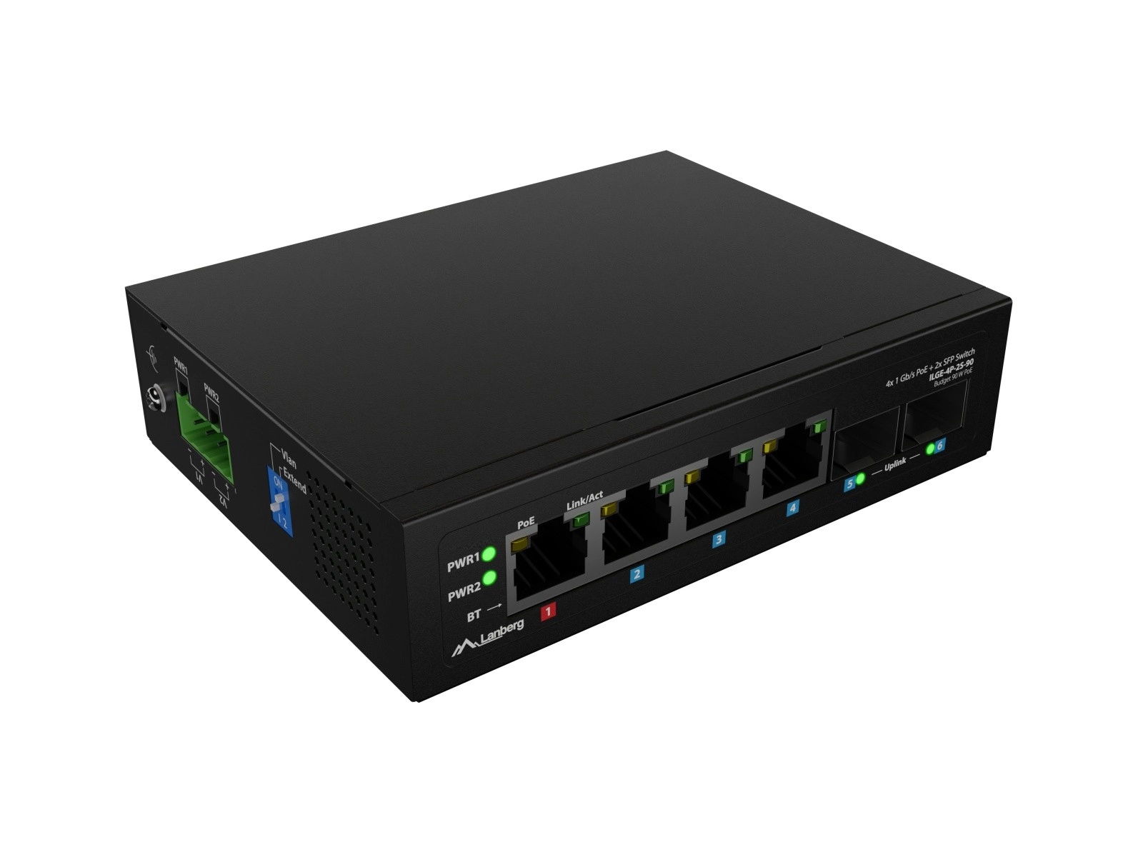 Levně Lanberg lehký průmyslový PoE switch na DIN lištu 4× RJ45 + 2× SFP gigabit