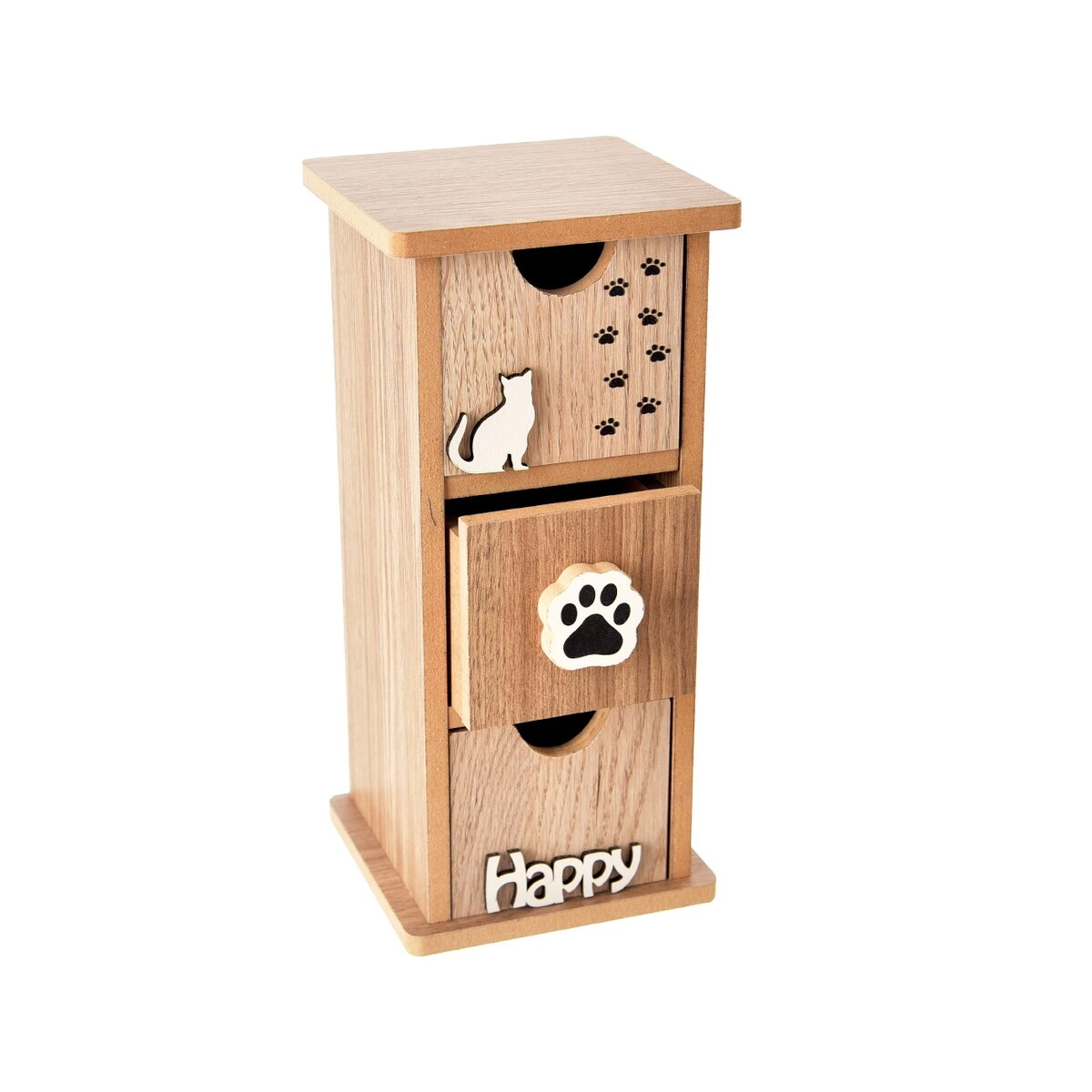 Levně Dřevěný úložný box Lovely cat se 3 šuplíky