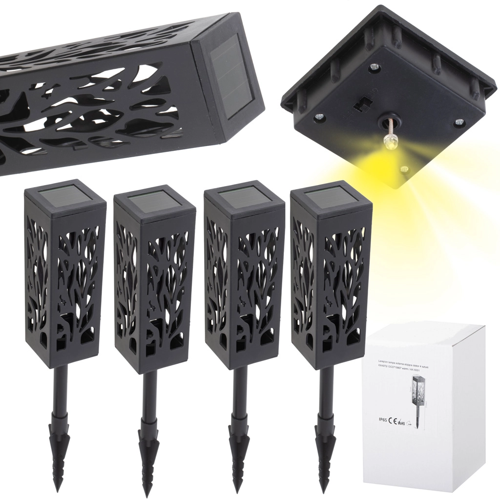 Levně Sada zahradních solárních lamp s ažurovým vzorem, zapichovací, teplé světlo, 4 ks