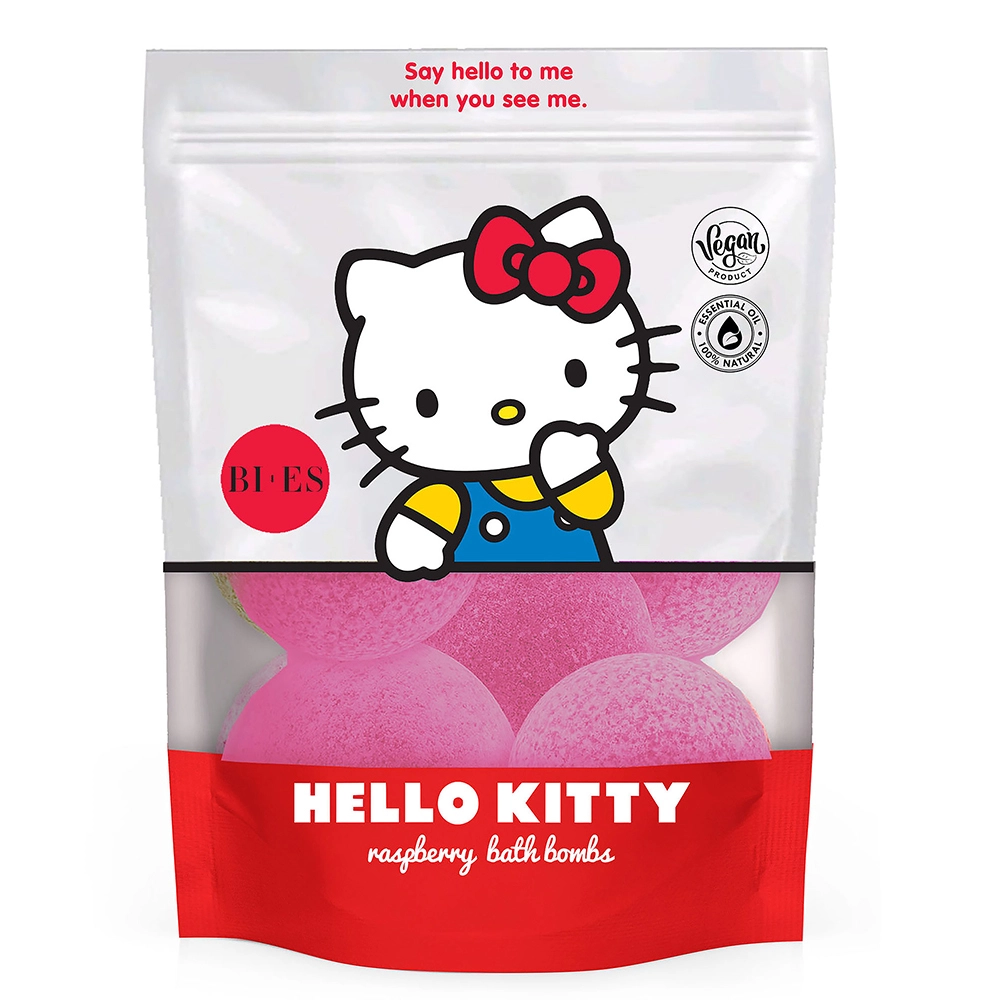 Levně BI-ES Hello Kitty Bath bombs raspberry šumivé koule do koupele s vůní maliny 6x55 g