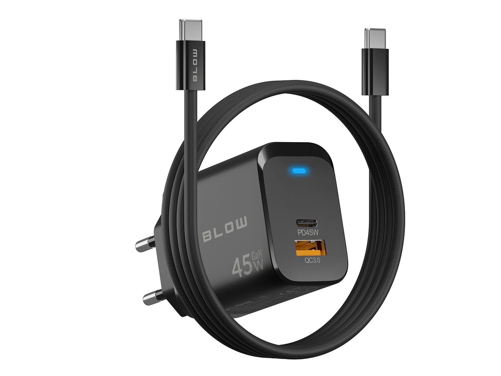Levně BLOW GaN síťová nabíječka 45 W (USB-C PD + USB-A QC 3.0) s kabelem USB-C–USB-C