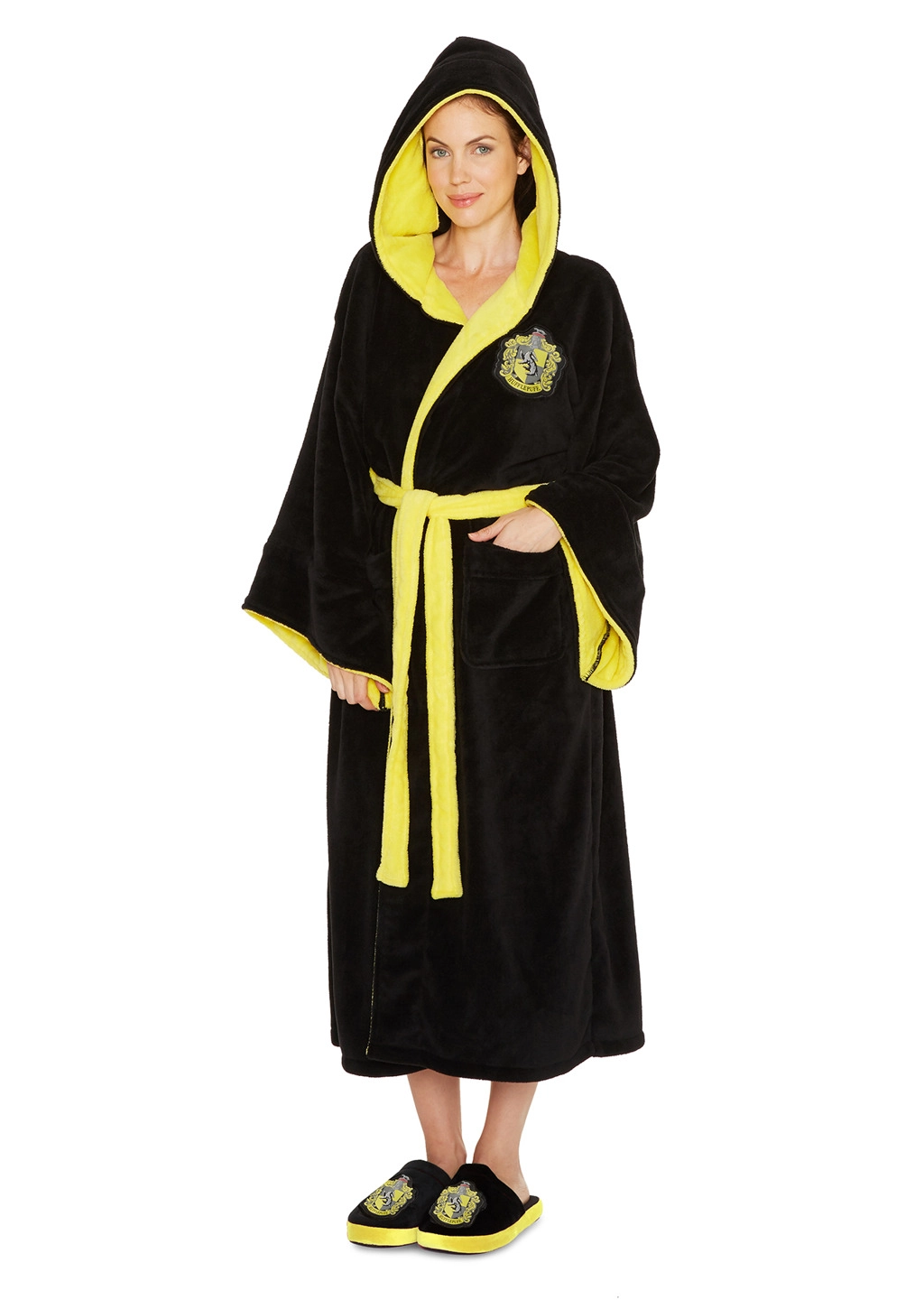 Levně CurePink: dámský fleece župan Harry Potter Čarodějka z Mrzimoru Hufflepuff černý