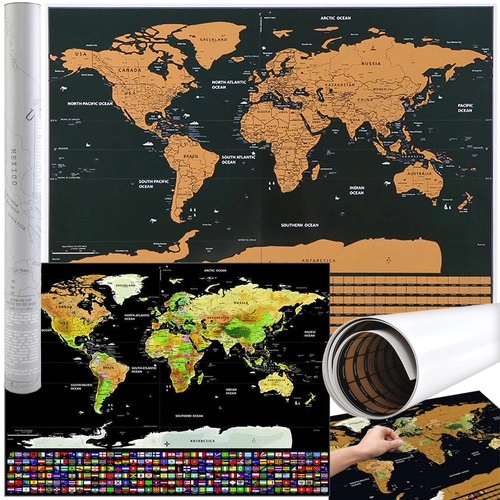 Levně Malatec Velká stírací mapa světa s vlajkami Deluxe 82 × 59 cm černá