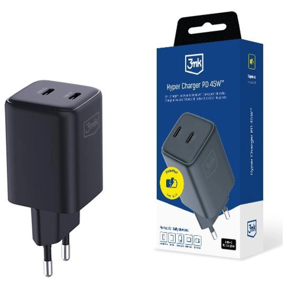 Levně 3mk Hyper Charger GaN síťová nabíječka 45 W se 2 USB-C černá