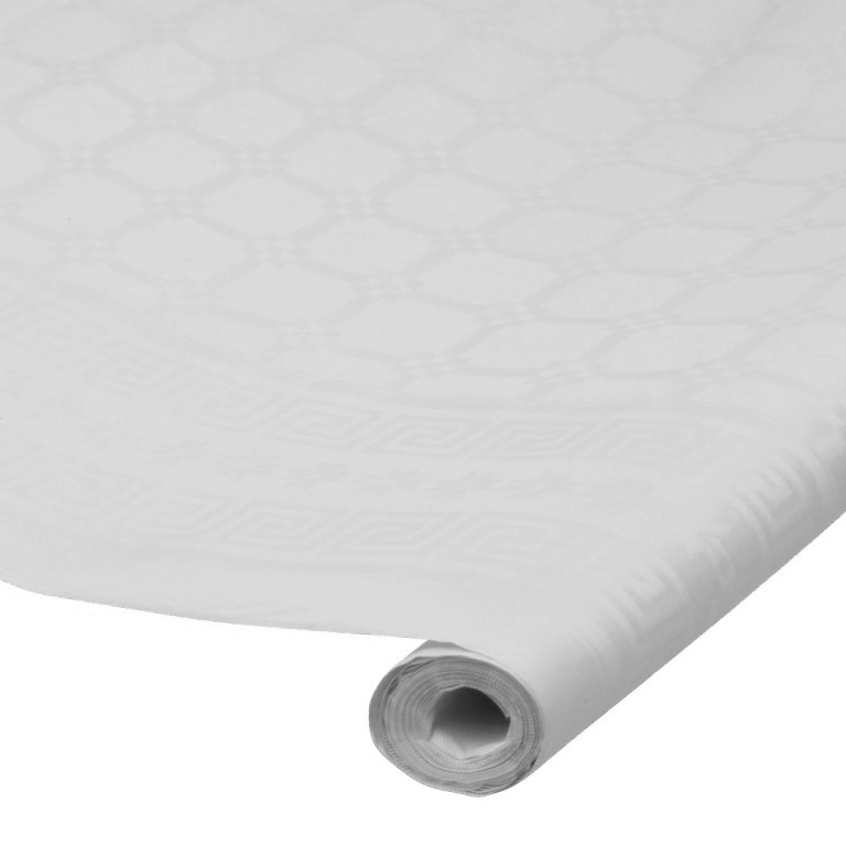 Levně Jednorázový bílý papírový ubrus v roli 120 × 600 cm s damaskovým vzorem