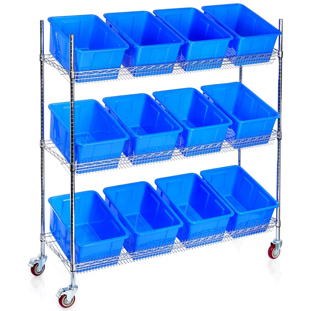 Levně Tříúrovňový pojízdný regál s plastovými boxy (12 ks)