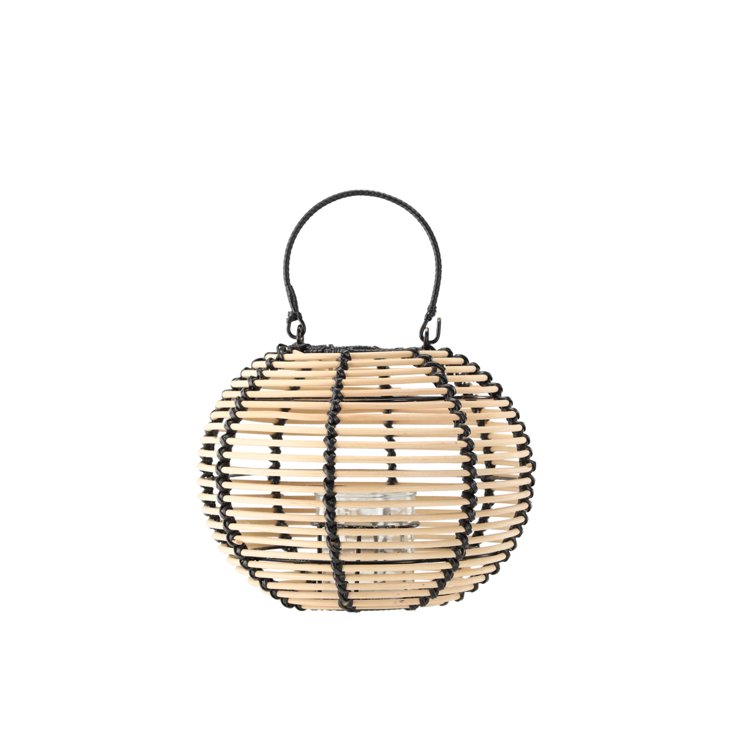 Levně Ratanový lucerna z přírodního dřeva s černou rukojetí 25 × 20 cm
