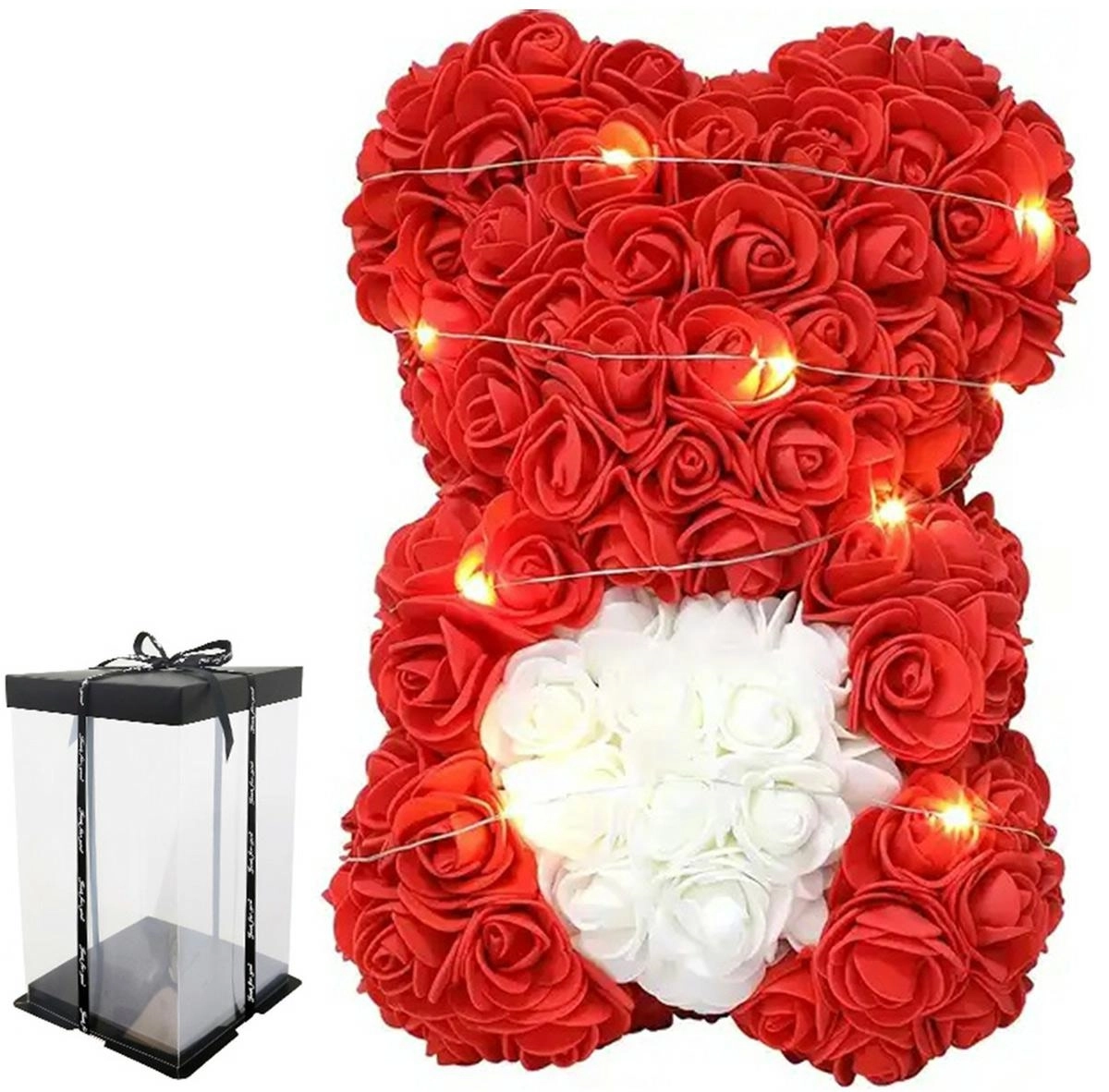 Levně Medvídek srdce z růží červených - 25cm