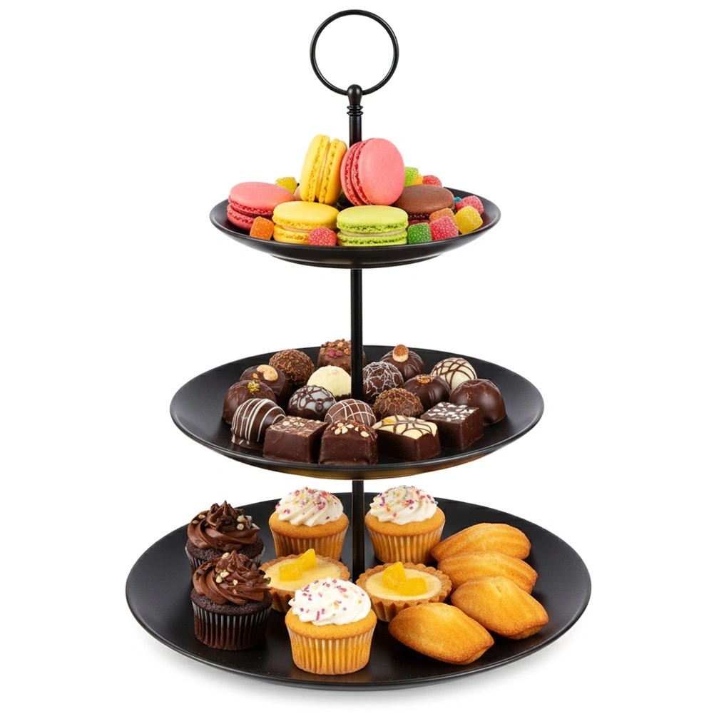 Levně Porcelánová černá třípatrová etažér 34 cm