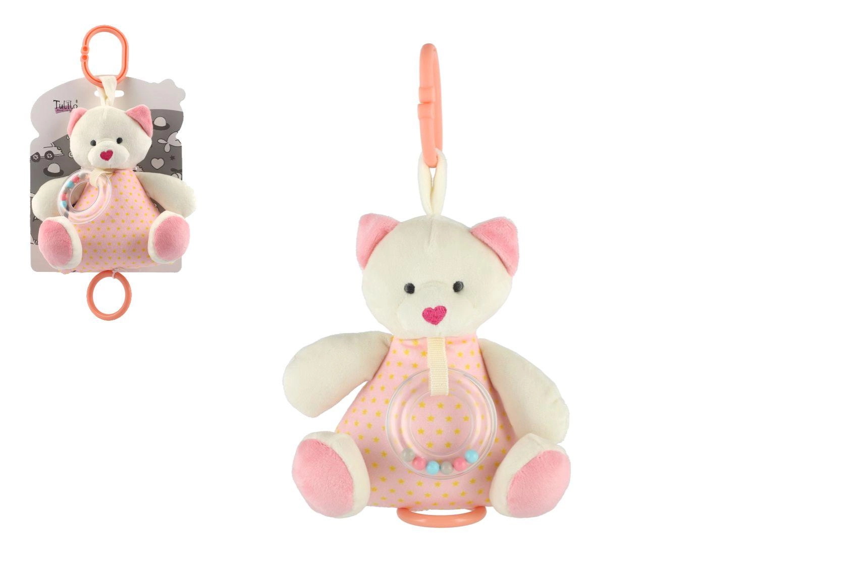Levně Teddies Medvěd plyš 18cm závěs na postýlku/kočárek nat hrací strojek růžový na kartě v sáčku