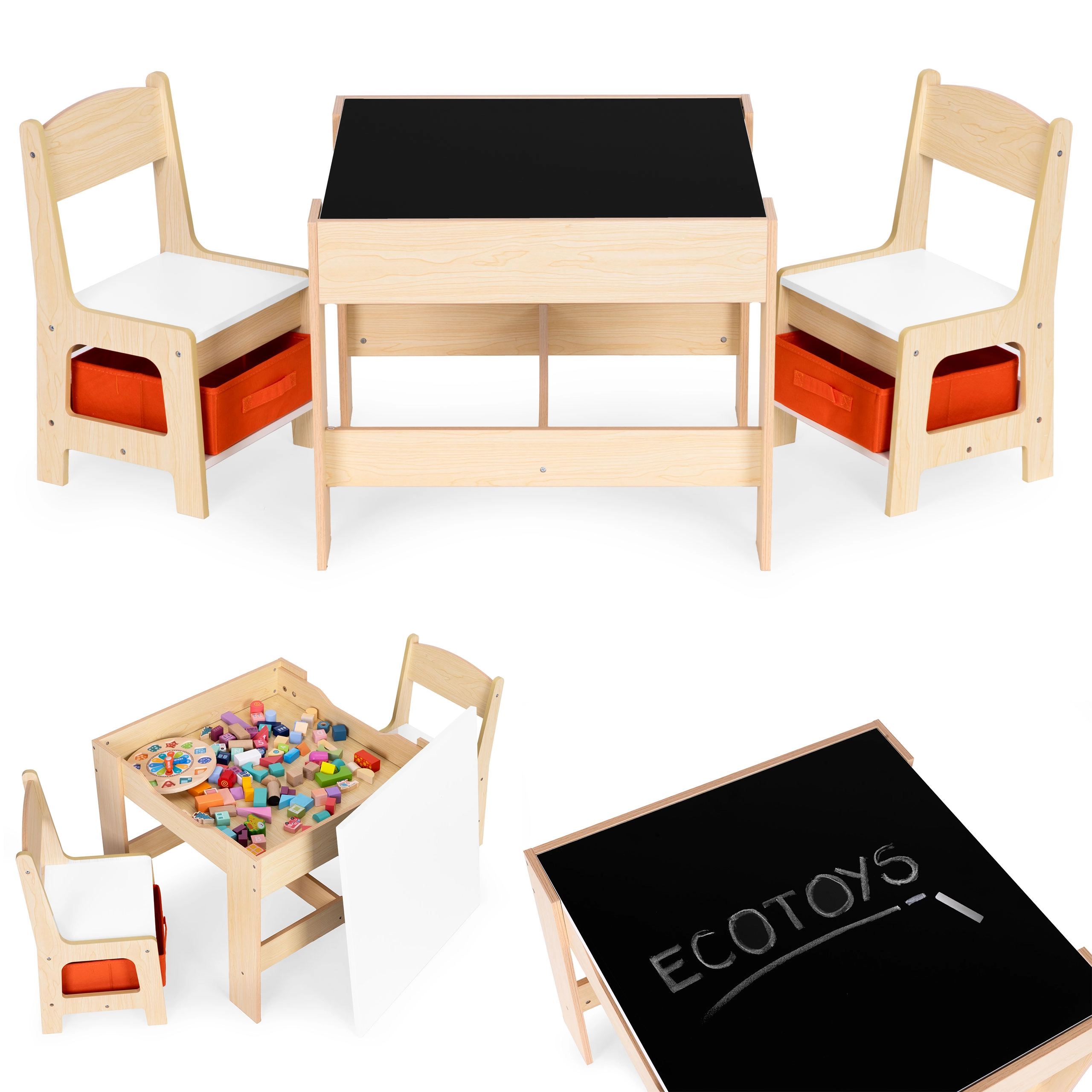 Levně EcoToys sada nábytku stůl + 2 židle s úložnými boxy a křídovou tabulí