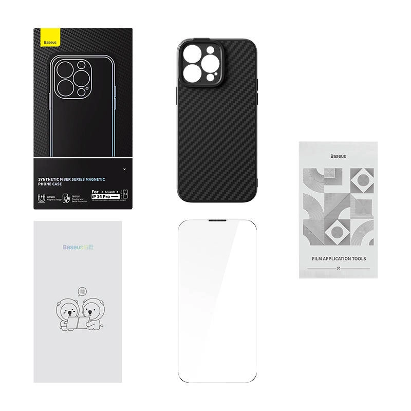 Levně Baseus Magnetické řady Synthetic Fiber iPhone 14 Pro černé+ tvrzené sklo + čisticí sada