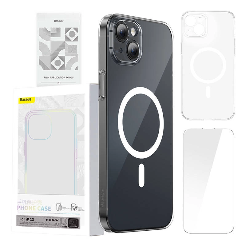 Levně Baseus Magnetic Crystal Clear iPhone 13 Pro průhledné s ochranným krytem displeje z tvrzeného skla a čisticí sadou