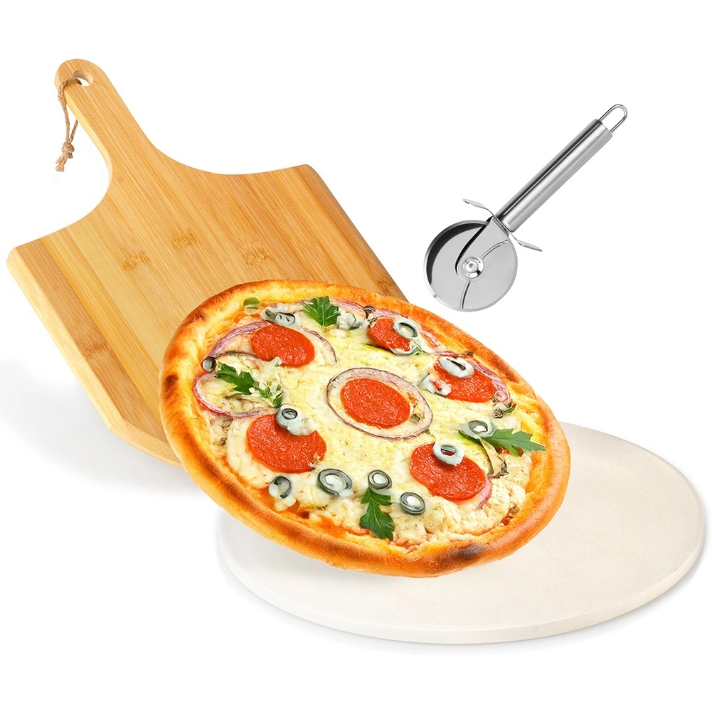 Levně Šamotový kámen na pizzu s bambusovou lopatou a nerezovým kráječem, 3dílná sada