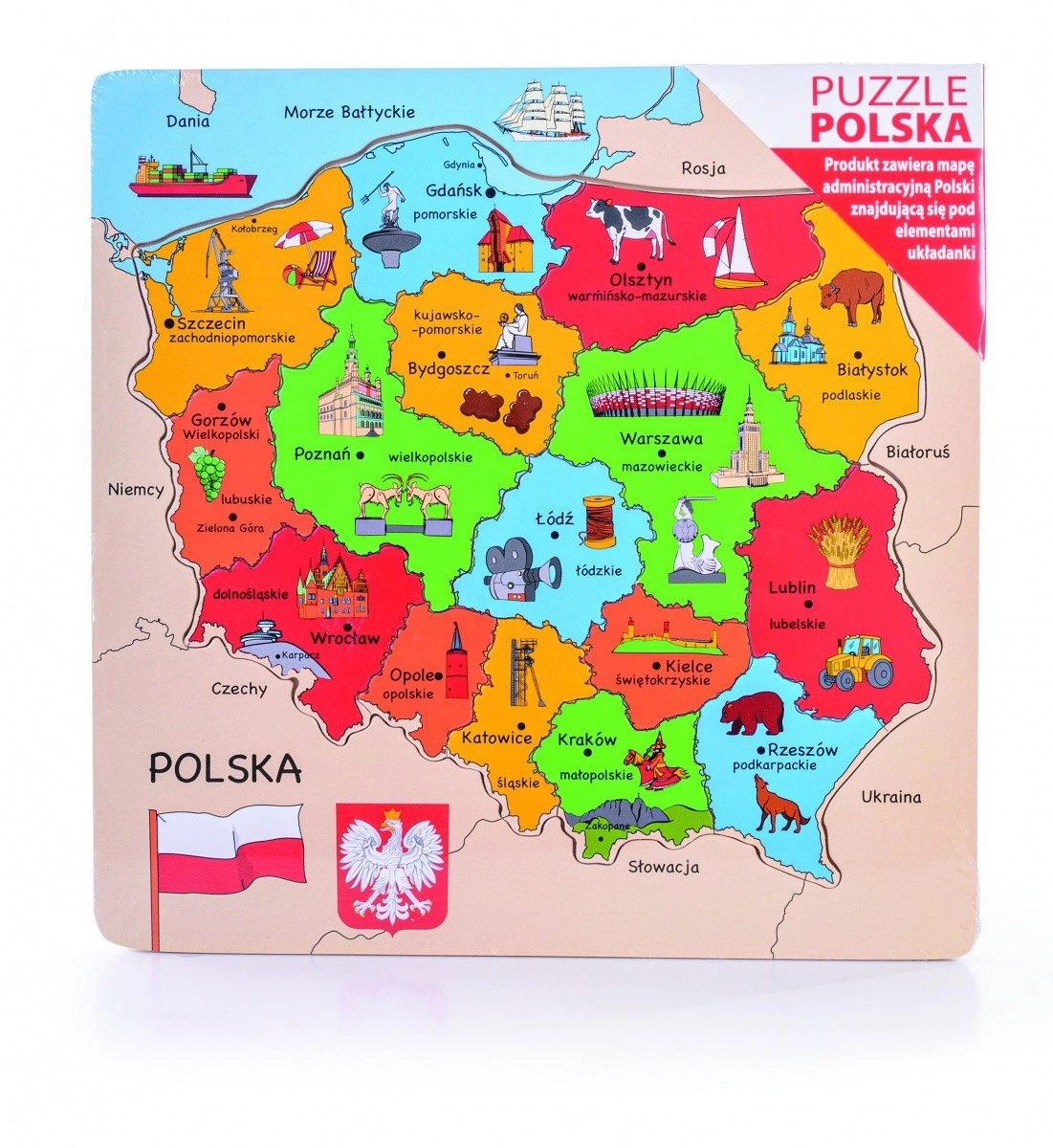 Levně Dřevěné puzzle mapa Polska – vzdělávací skládačka