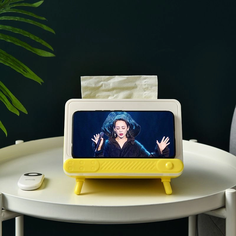 Levně Krabice na papírové kapesníky s držákem na telefon retro TV – Žlutá