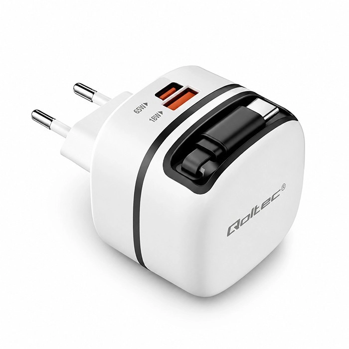 Levně Qoltec GaN síťová nabíječka 65 W USB‑C PD PPS s výsuvným kabelem
