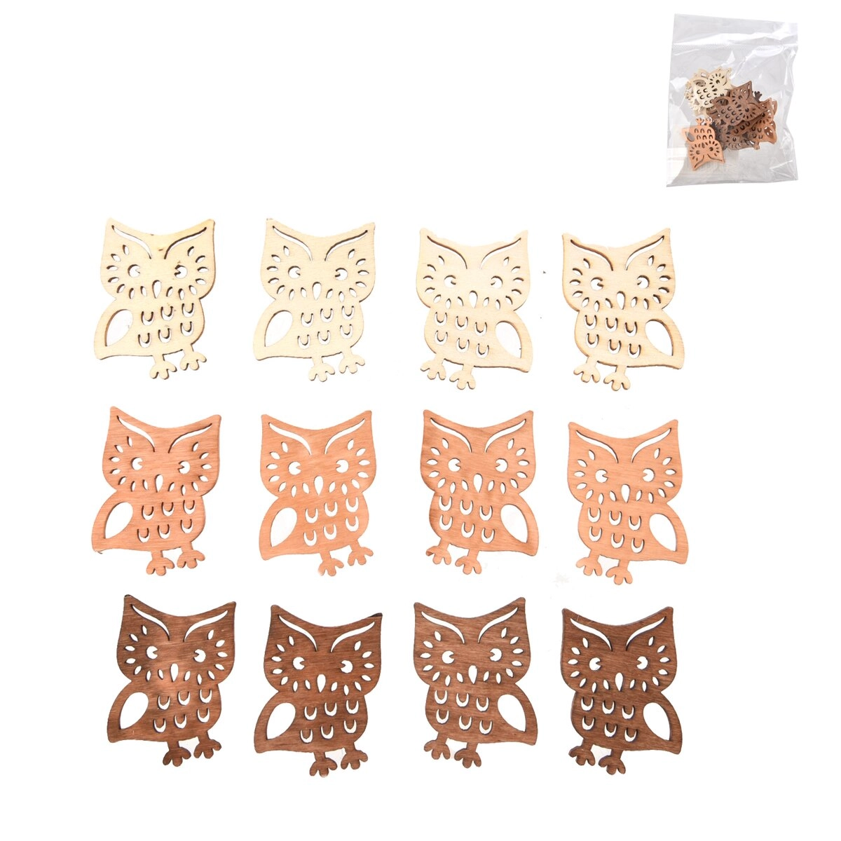 Levně Dřevěné dekorace sova – sada 12 ks, 4 cm