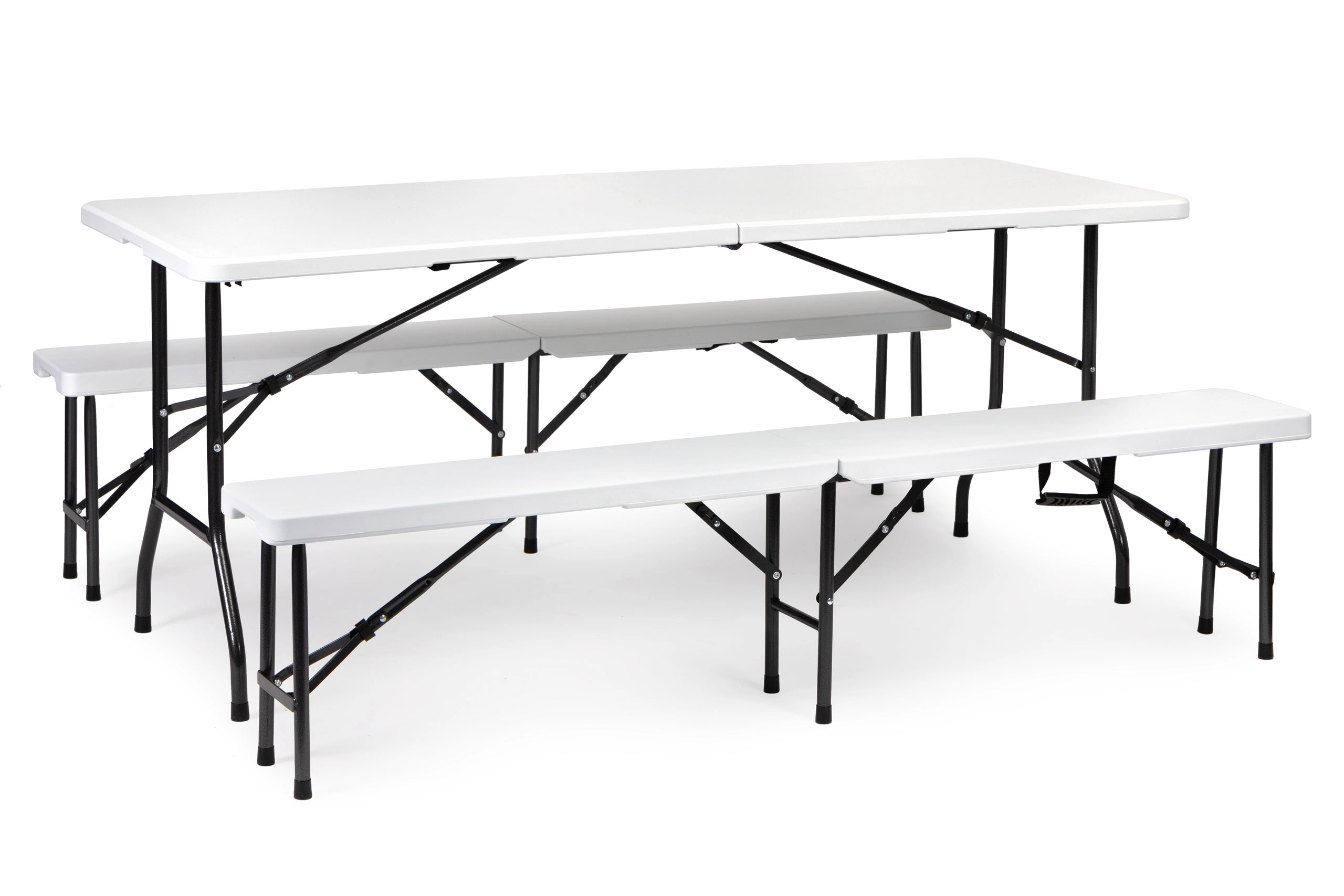 Levně Cateringový skládací set stůl 180 cm a 2 lavice bílý ModernHome