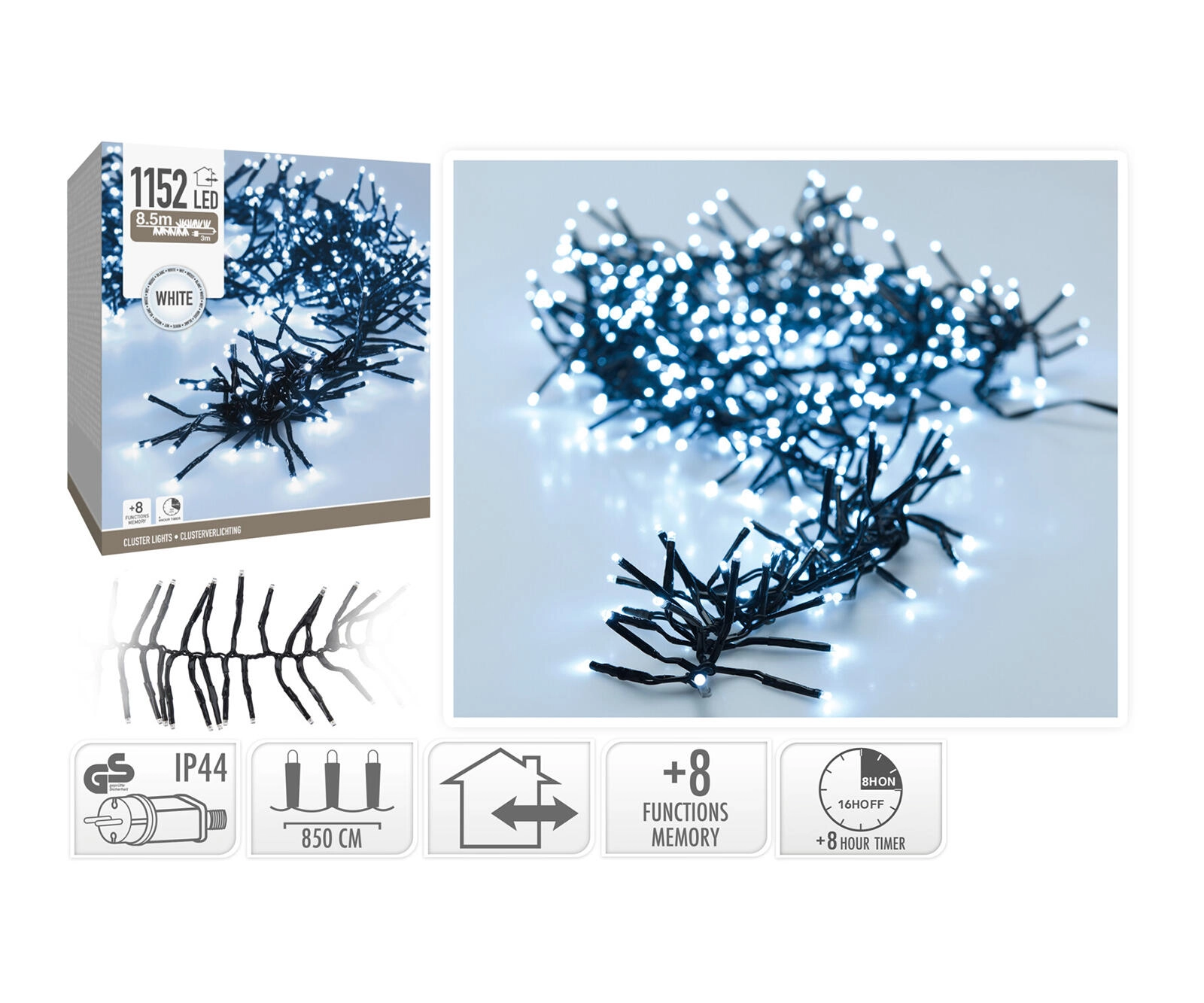 Levně Vánoční LED řetěz 8,5 m, studená bílá, 1152 LED, 8 funkcí s časovačem