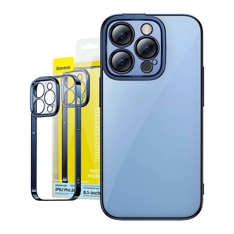 Levně Baseus Sada průhledného pouzdra Glitter a tvrzeného skla iPhone 14 Pro modré