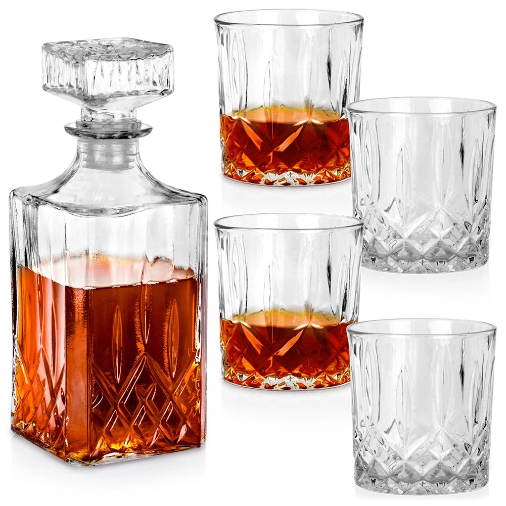 Levně Skleněná karafa na whisky se 4 sklenicemi, 900 ml + 4×300 ml, 5dílná sada VILDE