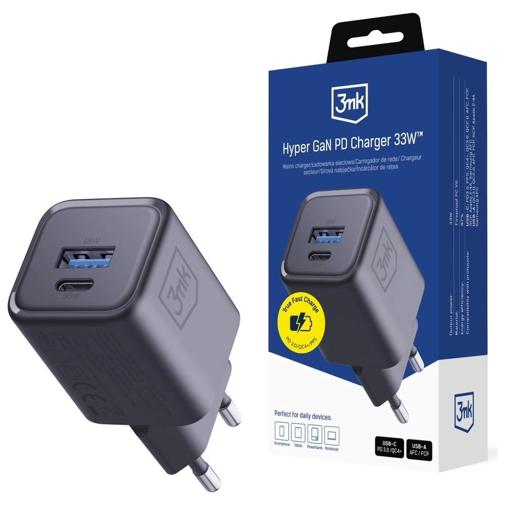 Levně 3MK Hyper Charger PD 33W GaN síťová nabíječka USB-A a USB-C černá