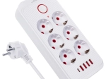 Prodlužovací přepěťová lišta se 6 zásuvkami a 5× USB (4× USB‑A, 1× USB‑C), 2500 W, bílá