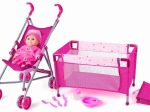 WOODY Dětská sada s kočárkem a postýlkou