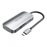 USB‑C dokovací stanice 3× USB 3.0 se čtečkou SD/TF a napájením PD 100 W Vention, šedá