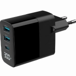 GaN nabíječka do sítě 30 W s LCD, 2× USB‑A a 1× USB‑C, rychlé nabíjení PD/QC 3.0, černá
