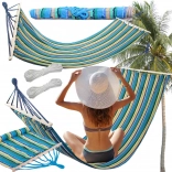 Zahradní houpací síť s dřevěnou výztuhou 200 × 80 cm, pruhovaná, nosnost 150 kg