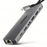 AXAGON HMC-7HX2 víceportový USB‑C hub 7v1 s 2× HDMI 4K/60 Hz, 2× USB‑A, USB‑C, GLAN a PD 100 W