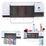 Nástěnný organizér na zubní kartáčky s dávkovačem pasty a 3 kelímky, bílý