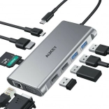Hliníkový USB‑C hub 10v1 s Ethernetem, HDMI 4K, VGA, čtečkou karet a PD 100 W AUKEY