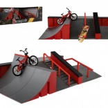 Skatepark prstový set s rampami, BMX kolem a skateboardem