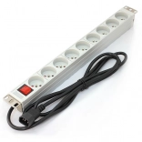 PDU lišta do 19" racku, 9× zásuvka Typ E, 2 m kabel C14, 10 A, vypínač, hliníková
