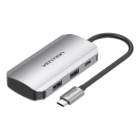 USB-C dokovací stanice 5v1 s 4× USB 3.0 a napájením PD 100 W Vention, kabel 15 cm, šedá