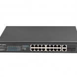 Neřízený PoE+ switch 16× Fast Ethernet s 2× Combo Gigabit uplink, rack 19", 150 W